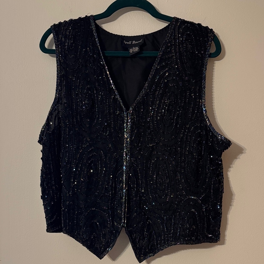 Elegant Vintage Black Sequin V-Neck Vest